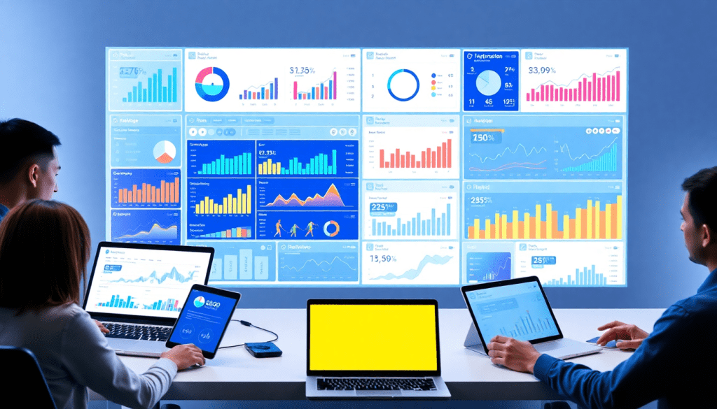 Professionals analyzing data on laptops and tablets, showcasing the best marketing analytics features of TapClicks software for enhanced reporting and insights.