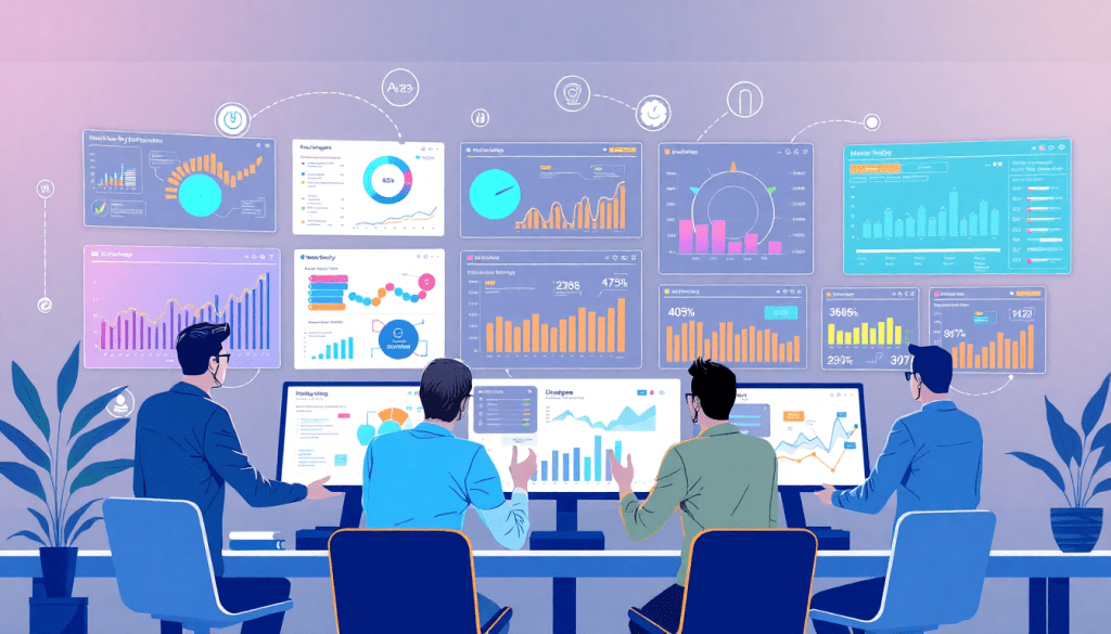 A team of professionals analyzing data on digital marketing analytics software TapClicks, showcasing various charts and metrics on large screens in an office setting.