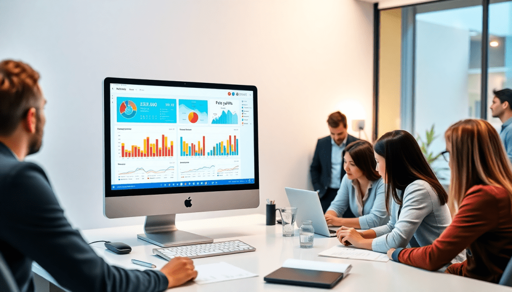 Team analyzing marketing analytics report using TapClicks software on a computer monitor in a modern office setting.