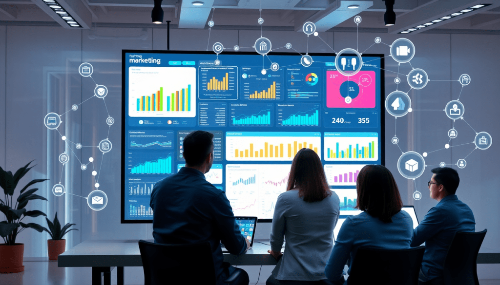 People analyzing marketing data analytics tools on a large screen using TapClicks software, featuring graphs and charts for reporting.