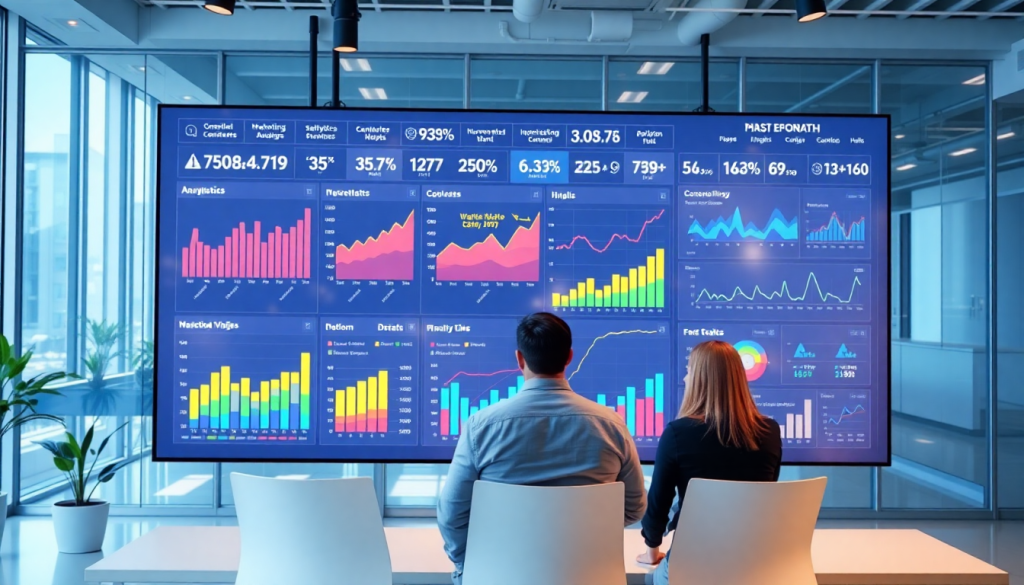 Two people analyzing data on a large screen at an analytics marketing agency, showcasing TapClicks software for reporting and insights.