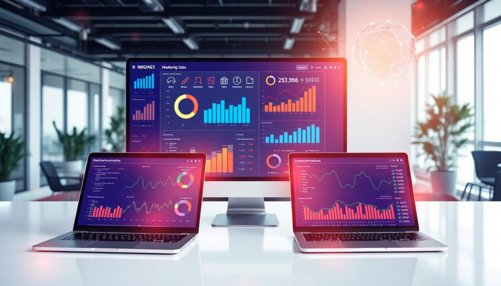 Best marketing analytics software TapClicks showcasing data visualization and reports on multiple screens in a modern office setting.