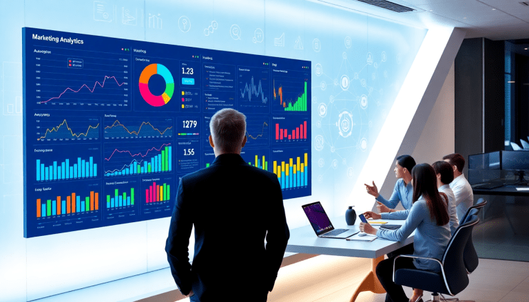 Marketing team analyzing data on TapClicks marketing analytics platform with graphs and charts displayed on a screen in a modern office setting.