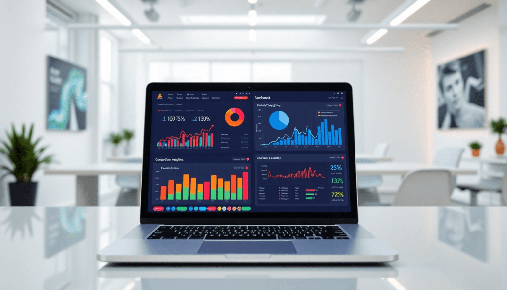 Modern marketing analytics dashboard displaying automated performance reports and insights for cross-channel analytics, ideal for agency reporting automation and evaluating Funnel.io alternatives.