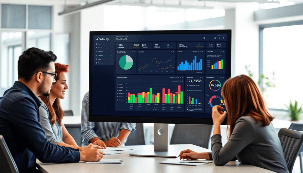 Team reviewing marketing analytics dashboard with automated performance reports and cross-channel insights for agency reporting automation, featuring digital marketing data visualization and performance marketing KPIs on a large screen.