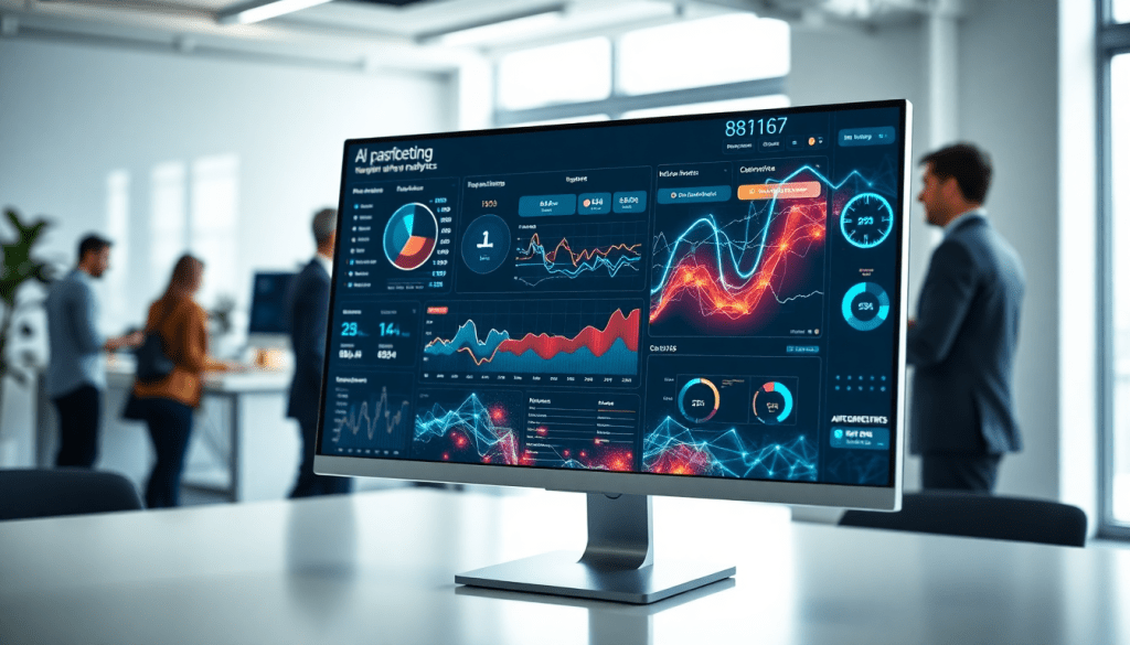 AI-powered marketing dashboard displaying real-time analytics with automated reporting workflows and multi-channel data aggregation on a computer screen in an office setting.
