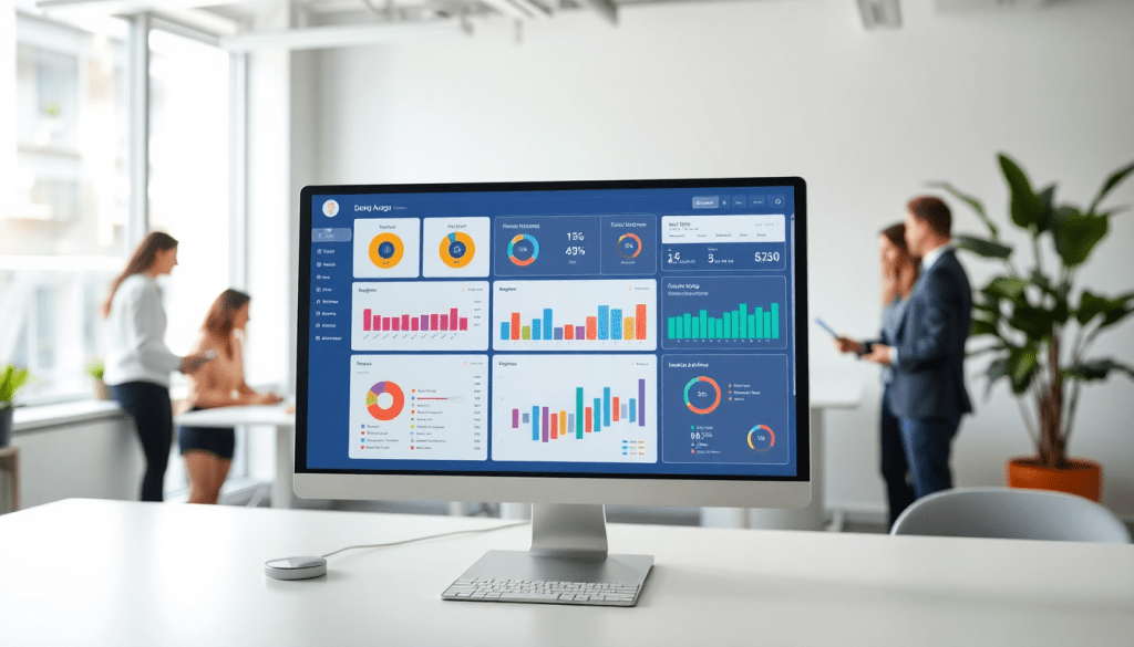 Computer screen displaying a marketing analytics dashboard with performance reports, used for agency reporting automation and digital marketing data visualization.