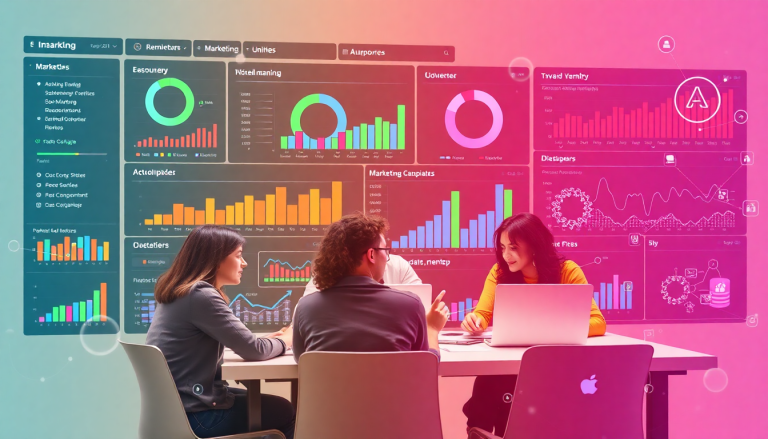 AI data visualization tool for marketing teams displayed on a screen, featuring automated dashboard creation, cross-channel performance tracking, and ROI tracking dashboard, with individuals collaborating at a table.