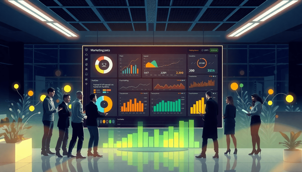 People analyzing a large, illuminated digital dashboard displaying charts and graphs, representing automated marketing reports and cross-channel campaign performance tracking, ideal for agencies seeking a NinjaCat alternative and other reporting software solutions.