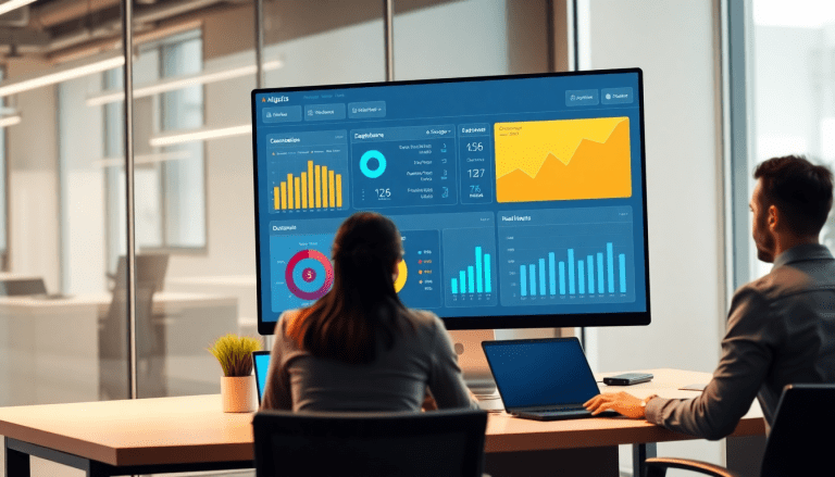 Two professionals analyzing data on a white-label marketing dashboard for agencies, featuring customizable client dashboards and branded analytics software for performance tracking.
