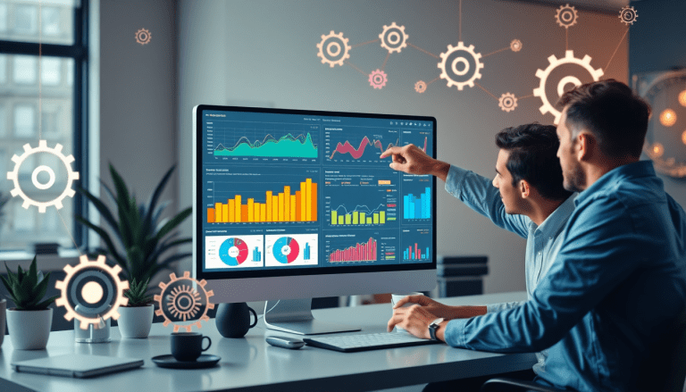 Two professionals analyzing performance marketing reporting software on a computer screen featuring automated campaign reporting, ad spend optimization dashboard, and digital advertising insights.