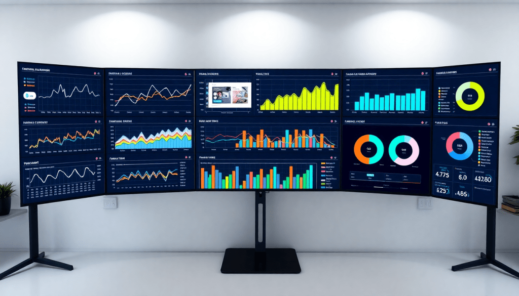 Multi-channel analytics dashboard displaying cross-channel marketing analytics, performance tracking, marketing data aggregation, and campaign performance visualization on a unified reporting platform for automated marketing insights and ROI tracking.