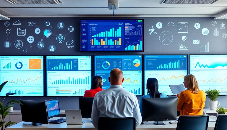 Agency team analyzing data on multiple screens with graphs and charts, showcasing an alternative to NinjaCat for automated marketing reports, client dashboard platforms, and cross-channel reporting tools.