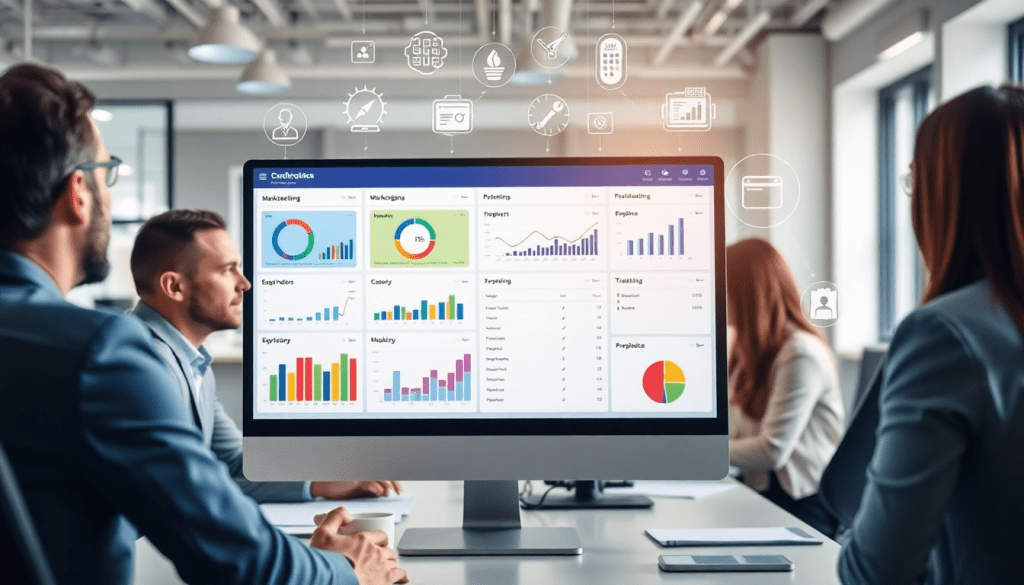 Performance marketing reporting software displaying automated campaign reporting, performance analytics, ad spend optimization dashboard, and ROAS tracking platform in a business meeting setting.