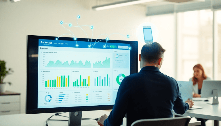 Automated KPI reporting dashboard on screen showcasing marketing analytics automation, AI reporting assistant, and cross-channel performance tracking in an office setting.