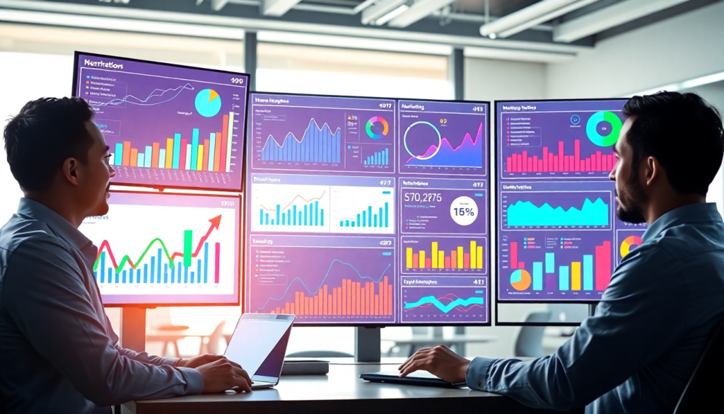 AI data visualization tool for marketing teams showcasing automated marketing analytics, AI-powered dashboards, cross-channel visualization, campaign performance insights, and interactive data reports on multiple screens.