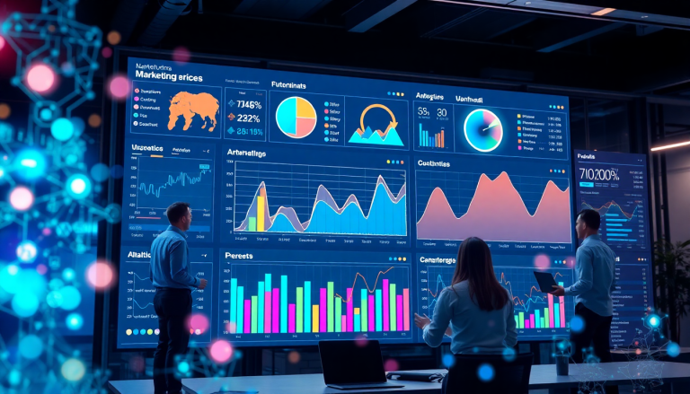 Business professionals analyze a marketing dashboard showcasing automated reporting workflows, AI-powered dashboard creation, and real-time marketing analytics using TapClicks software.