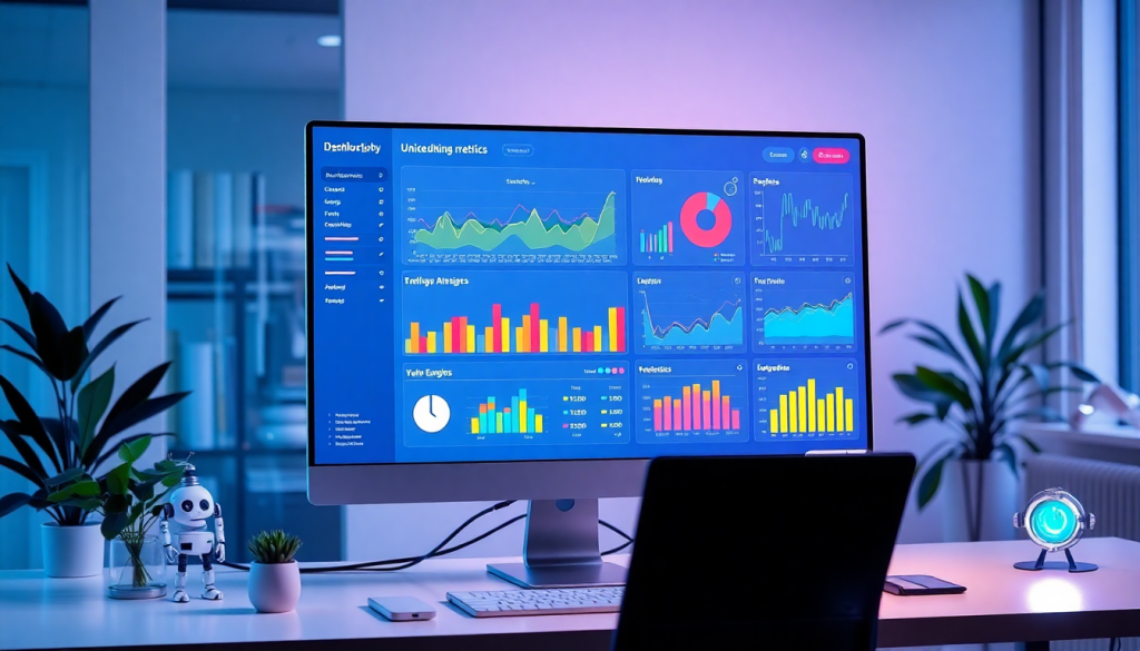 Automated KPI reporting dashboard displaying marketing analytics automation, AI reporting assistant, and cross-channel performance tracking for client analytics automation and marketing data visualization.