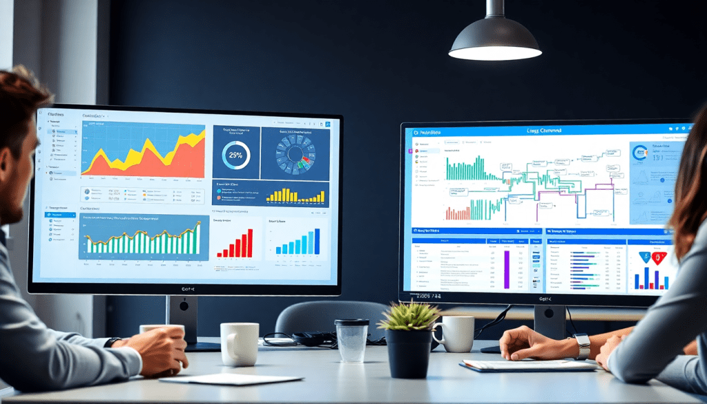 "Marketing dashboard automation with digital marketing data visualization, showcasing cross-channel analytics, performance marketing KPIs, and client dashboard insights on screens."