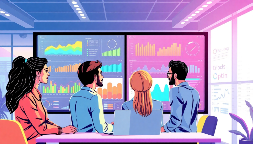 AI data visualization tool for marketing teams displaying automated marketing analytics and AI-powered dashboards while a group of marketers engages in marketing data storytelling and cross-channel visualization, analyzing campaign performance insights and interactive data reports on a digital performance dashboard.