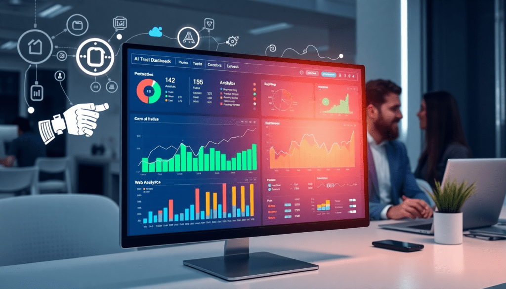 AI-powered marketing dashboard displaying real-time analytics, automated reporting workflows, and multi-channel data aggregation in an office setting, illustrating marketing automation software features such as campaign performance dashboard, report scheduling automation, and marketing data centralization with TapClicks solutions.