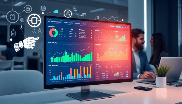 AI-powered marketing dashboard displaying real-time analytics, automated reporting workflows, and multi-channel data aggregation in an office setting, illustrating marketing automation software features such as campaign performance dashboard, report scheduling automation, and marketing data centralization with TapClicks solutions.