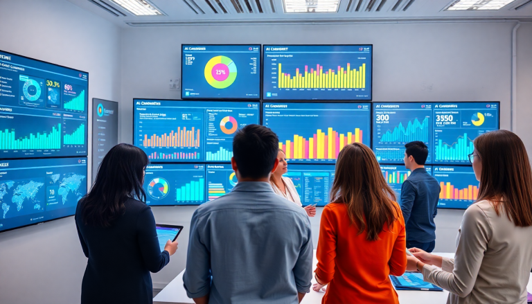 Marketing team using AI data visualization tool for automated dashboard creation, client analytics automation, and cross-channel performance tracking with TapClicks AI platform.