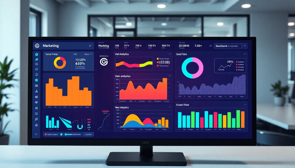Multi-channel analytics dashboard displaying cross-channel marketing analytics, performance tracking, and marketing data aggregation for unified reporting and ROI tracking.