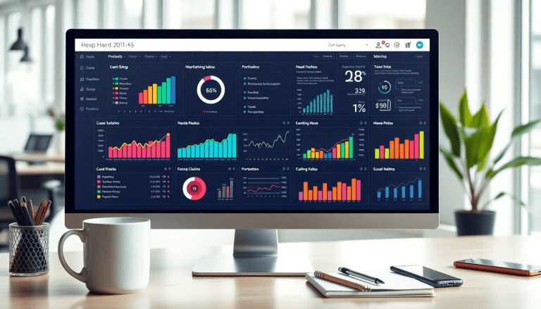 Marketing analytics dashboard on a computer screen displaying automated performance reports, cross-channel analytics, and client dashboard insights, ideal for agency reporting automation and digital marketing data visualization.
