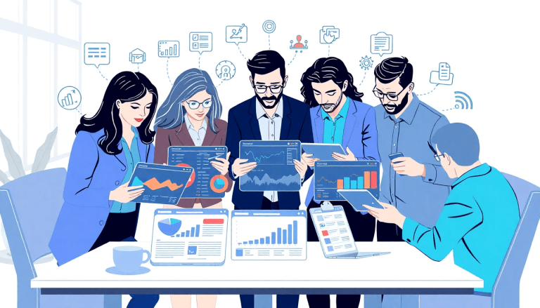 Group of professionals analyzing marketing reports on tablets and laptops, representing NinjaCat alternative, best competitors, and agency reporting automation with white-label analytics software and cross-channel reporting tools.
