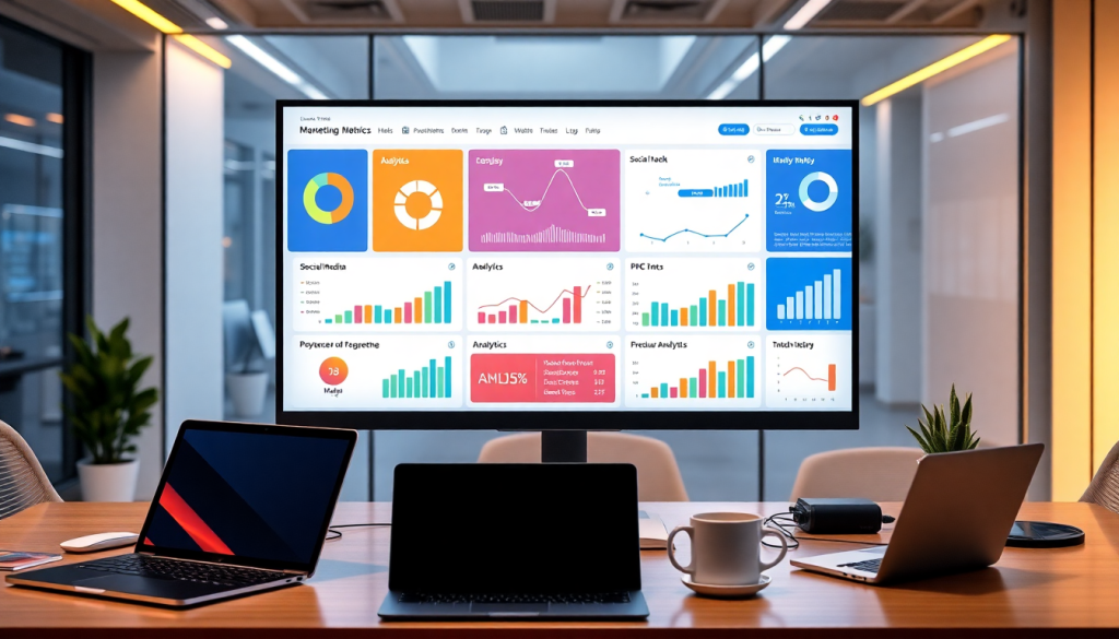 Multi-channel analytics dashboard displaying cross-channel marketing analytics and performance tracking metrics in an office setting.
