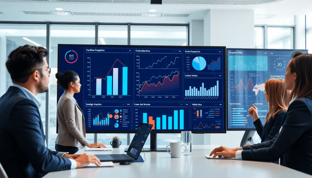 Team of professionals analyzing data on digital dashboards, showcasing NinjaCat alternative, best competitors for reporting software in agencies, and cross-channel reporting tools, with client dashboard platform for automated marketing reports and campaign performance tracking.