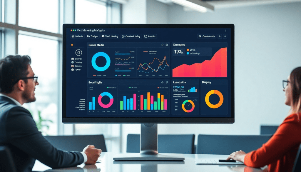 Multi-channel analytics dashboard displaying cross-channel marketing analytics, performance tracking, marketing data aggregation, unified reporting, campaign performance visualization, and ROI tracking, discussed by two people in an office setting.