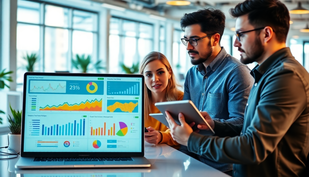 Multi-channel analytics dashboard on a laptop screen with professionals discussing cross-channel marketing analytics, performance tracking, and marketing data aggregation.