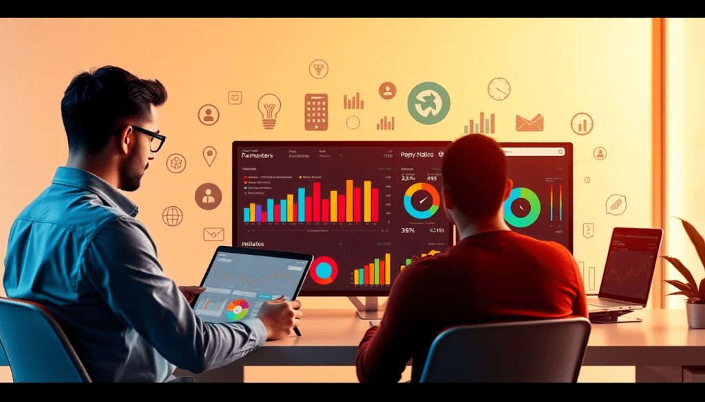 Two professionals analyzing data on performance marketing reporting software with dashboards showing automated campaign reporting, performance analytics, ad spend optimization, and conversion rate analytics.