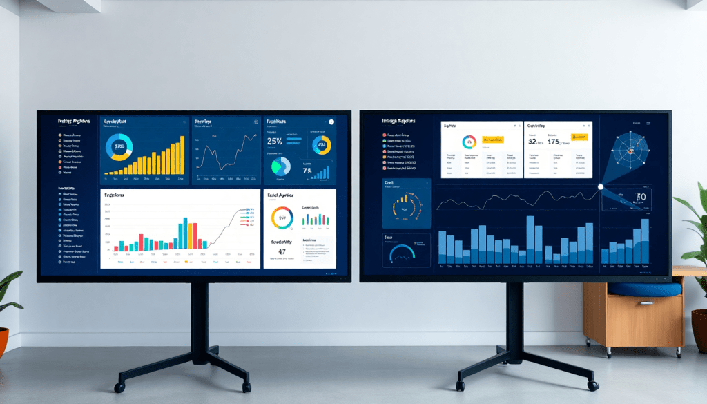 Two large screens displaying data analytics and graphs, showcasing a NinjaCat alternative for automated marketing reports, client dashboard platform, and cross-channel reporting tool for agencies.