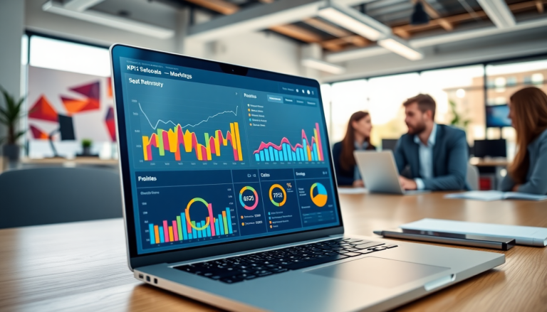 Digital marketing KPI dashboard showcasing marketing metrics visualization on a laptop screen in an office setting.