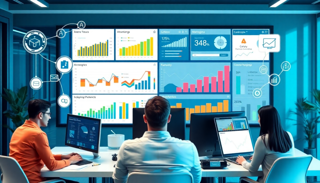Digital marketing team utilizing a marketing analytics dashboard for automated performance reports, agency reporting automation, and client dashboard insights in a modern office setting.
