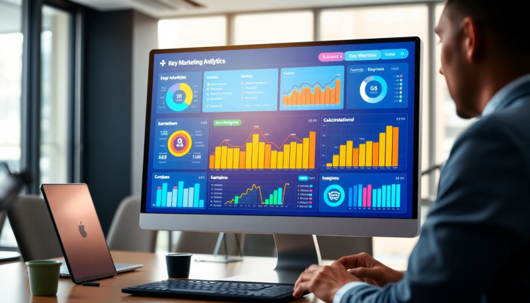 Digital marketing KPI dashboard showcasing marketing metrics visualization, performance tracking, and AI-generated data insights.