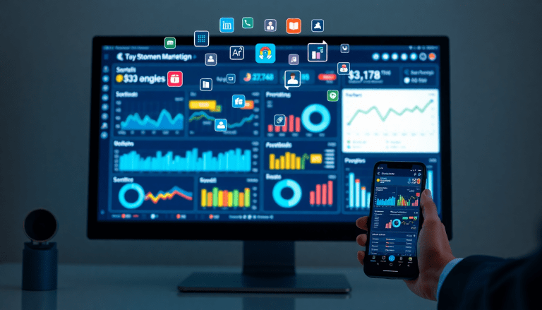 Performance marketing reporting software on a monitor and smartphone, featuring automated campaign reporting, performance analytics tool, ad spend optimization dashboard, ROAS tracking platform, and cross-channel campaign tracking.