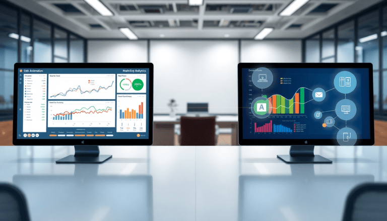 Marketing dashboard automation showcasing cross-channel analytics, digital marketing data visualization, and performance marketing KPIs on dual monitors in an office setting.