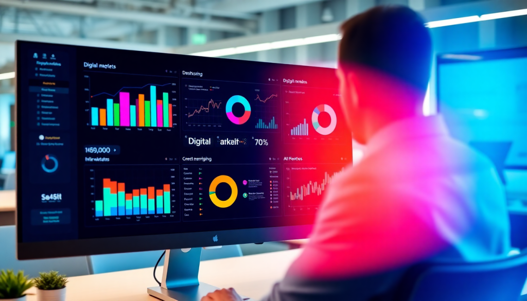 Digital marketing KPI dashboard with marketing metrics visualization and performance tracking, featuring campaign KPI monitoring, automated reports, cross-channel analytics, ROI tracking, and interactive performance metrics.