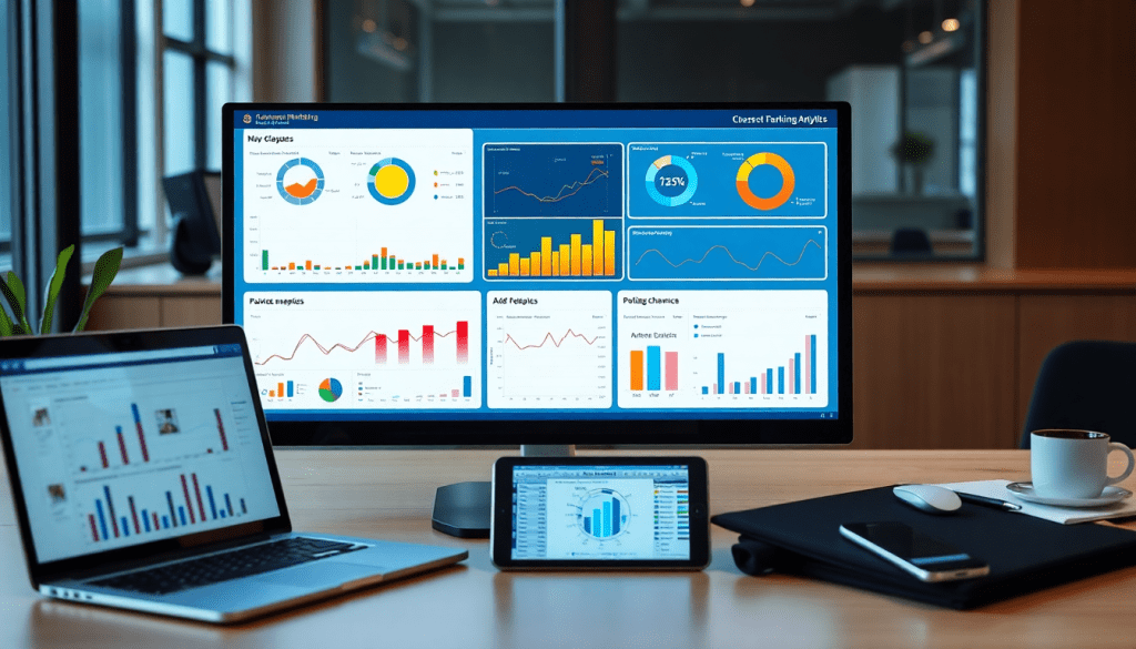 Multi-channel analytics dashboard displaying cross-channel marketing analytics, performance tracking metrics, and ROI tracking with marketing data aggregation on laptop, tablet, and monitor for unified reporting and automated marketing insights.