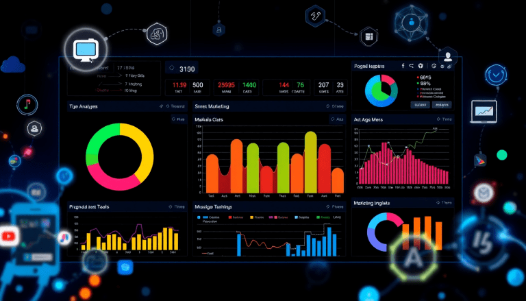 Automated KPI reporting dashboard showcasing marketing KPI automation, real-time performance analysis, AI analytics, and ROI visualization tools.