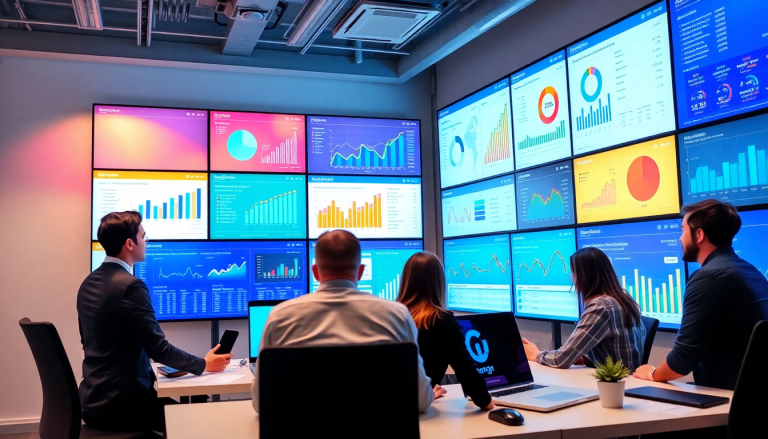 Marketing team analyzing performance marketing KPIs on a digital marketing analytics dashboard with automated performance reports, showcasing a Funnel.io alternative for cross-channel analytics and client dashboard insights.