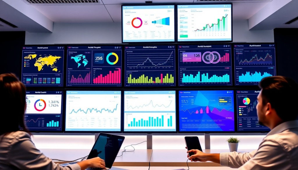 AI data visualization tool for marketing teams showcasing AI-powered dashboards and automated marketing analytics on multiple screens, highlighting cross-channel visualization and real-time marketing metrics for campaign performance insights and marketing intelligence.