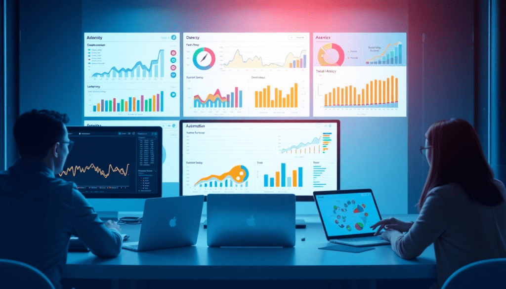People analyzing data charts on computer screens in a modern office, showcasing a NinjaCat alternative with automated marketing reports and cross-channel reporting tools for agencies.