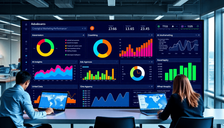 Performance marketing reporting software displaying automated campaign reporting, performance analytics tool, ad spend optimization dashboard, and ROAS tracking platform on large screen in an office setting with people working on laptops.