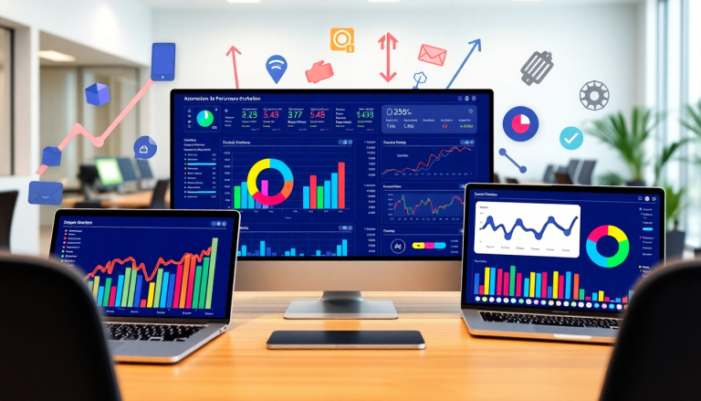 Performance marketing reporting software with automated campaign reporting, a performance analytics tool, ad spend optimization dashboard, ROAS tracking platform, and conversion rate analytics displayed on multiple computer screens.