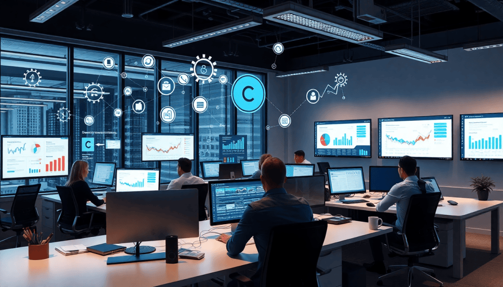 Office setting displaying reporting software for agencies on multiple screens, illustrating NinjaCat alternatives and competitors like TapClicks, with focus on automated marketing reports, client dashboard platforms, cross-channel reporting tools, and agency reporting automation.